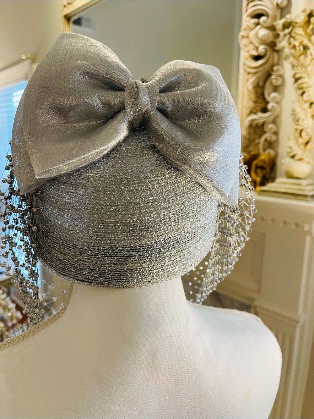 Silver Beaded Veil Fascinator Hat - Picture 6 of 13